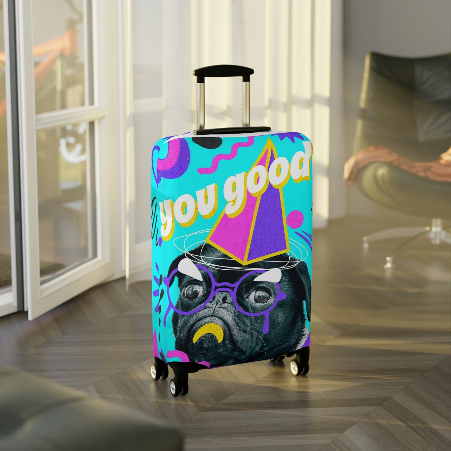 Travel in style with our fun "pug: You good?/bye" luggage cover.