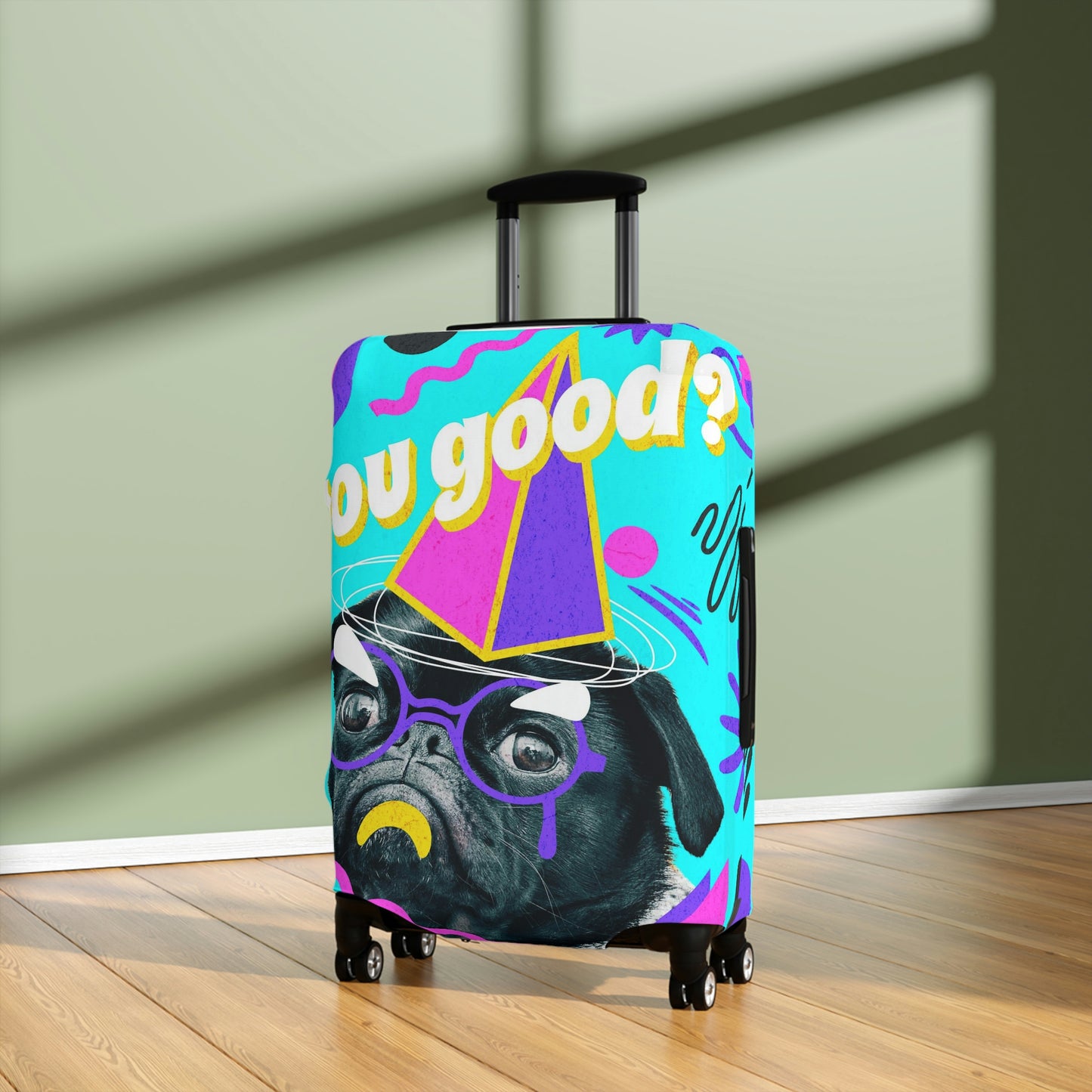 Travel in style with our fun "pug: You good?/bye" luggage cover.