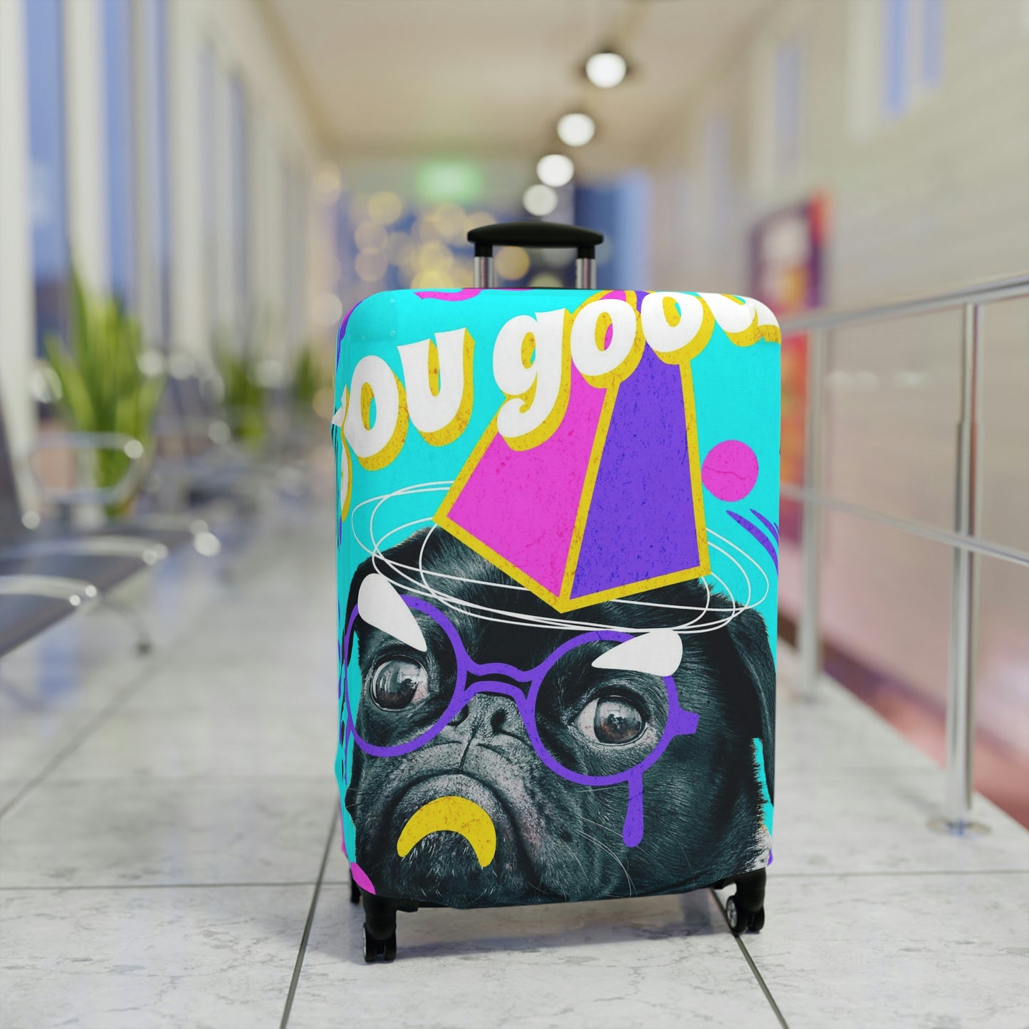 Travel in style with our fun "pug: You good?/bye" luggage cover.