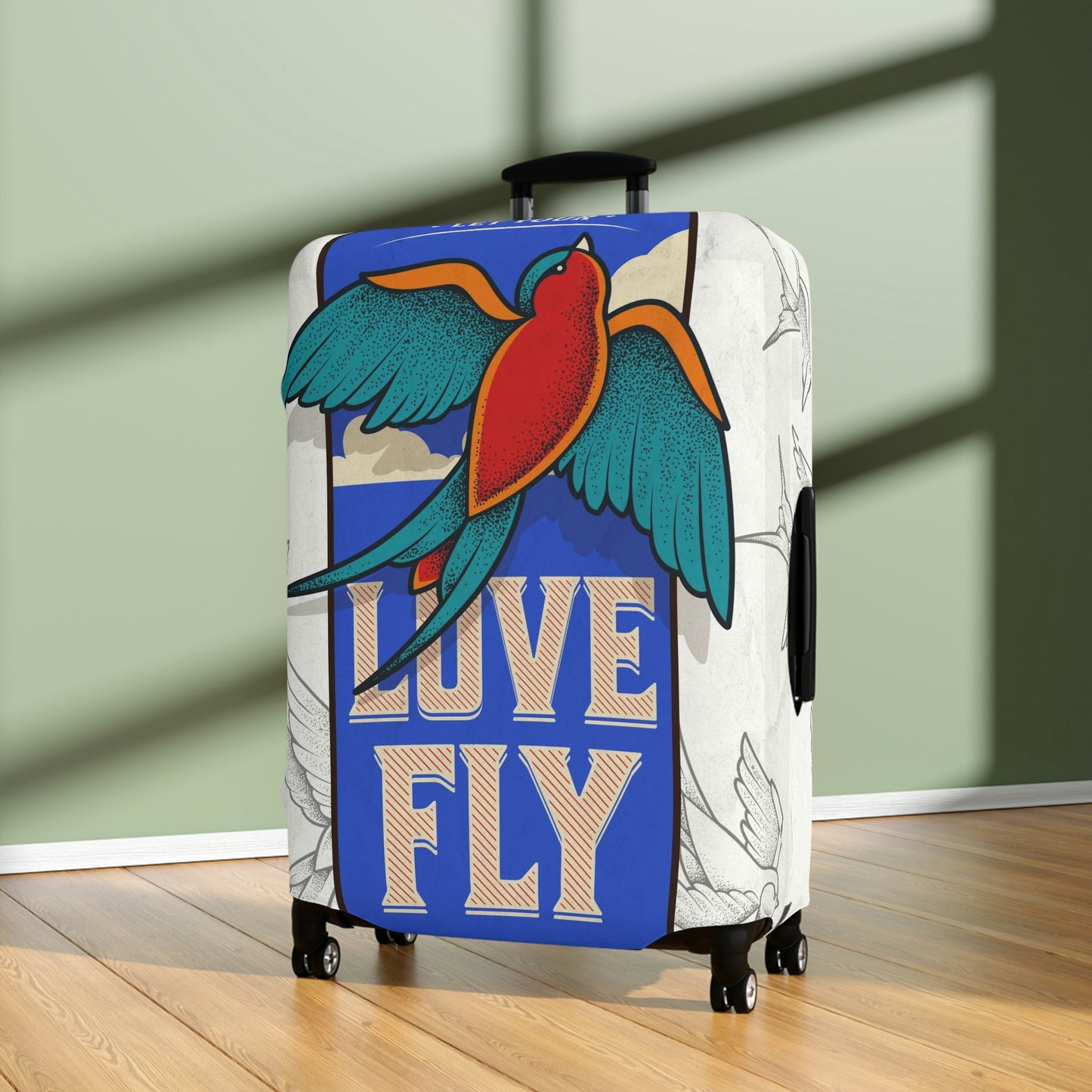 Travel in style with our fun "sparrow love" luggage cover.