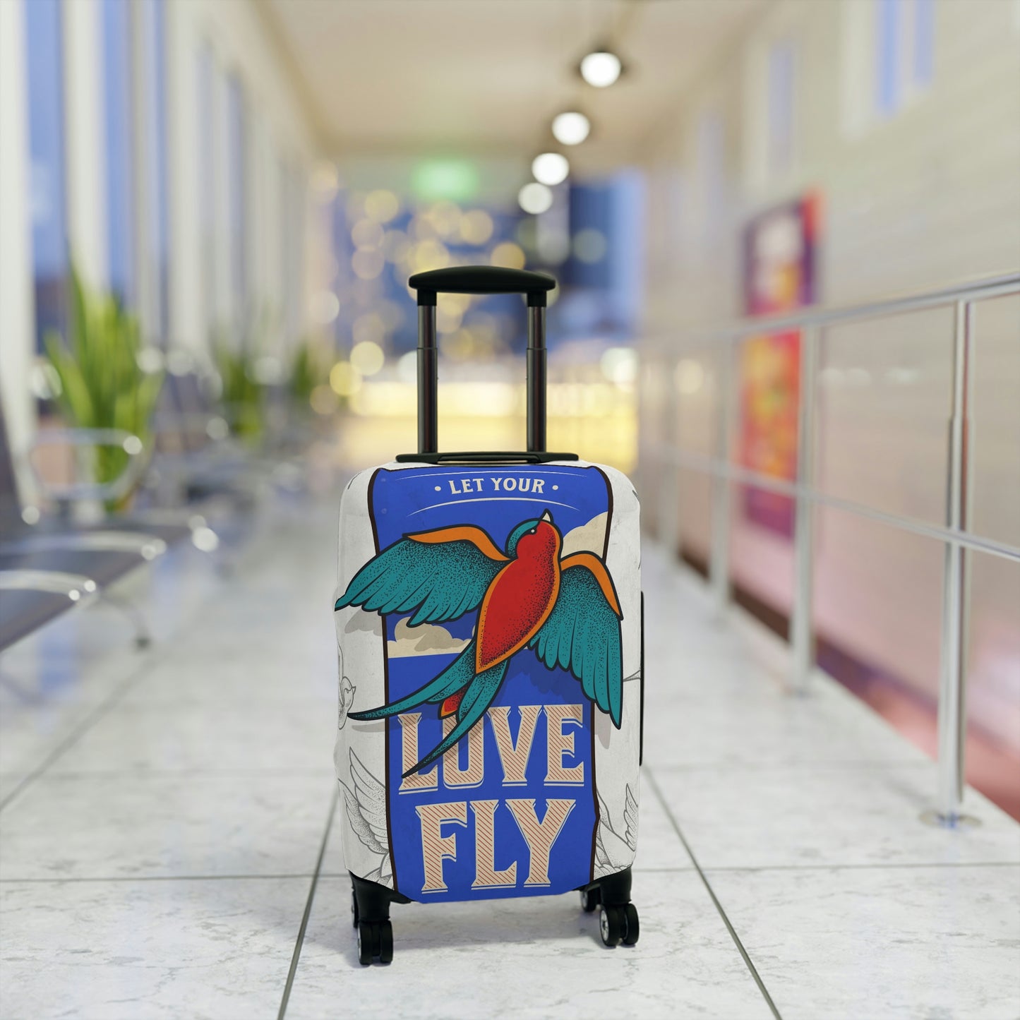 Travel in style with our fun "sparrow love" luggage cover.