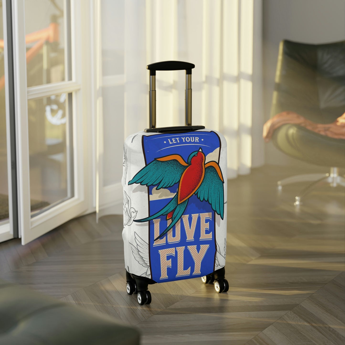 Travel in style with our fun "sparrow love" luggage cover.