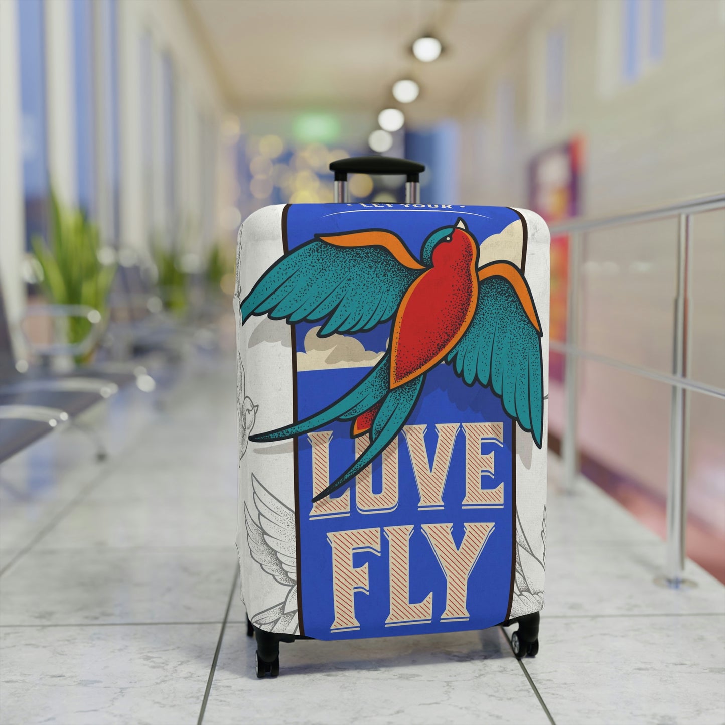 Travel in style with our fun "sparrow love" luggage cover.