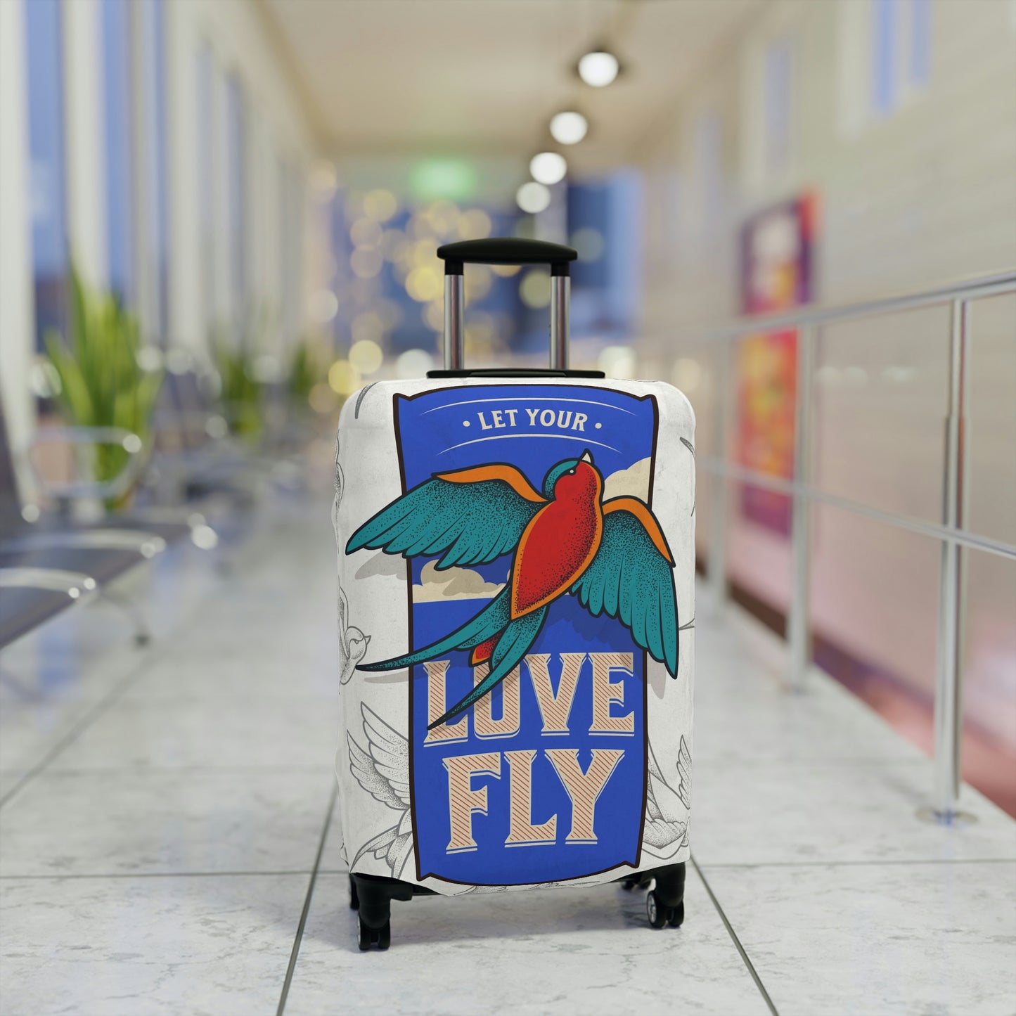 Travel in style with our fun "sparrow love" luggage cover.