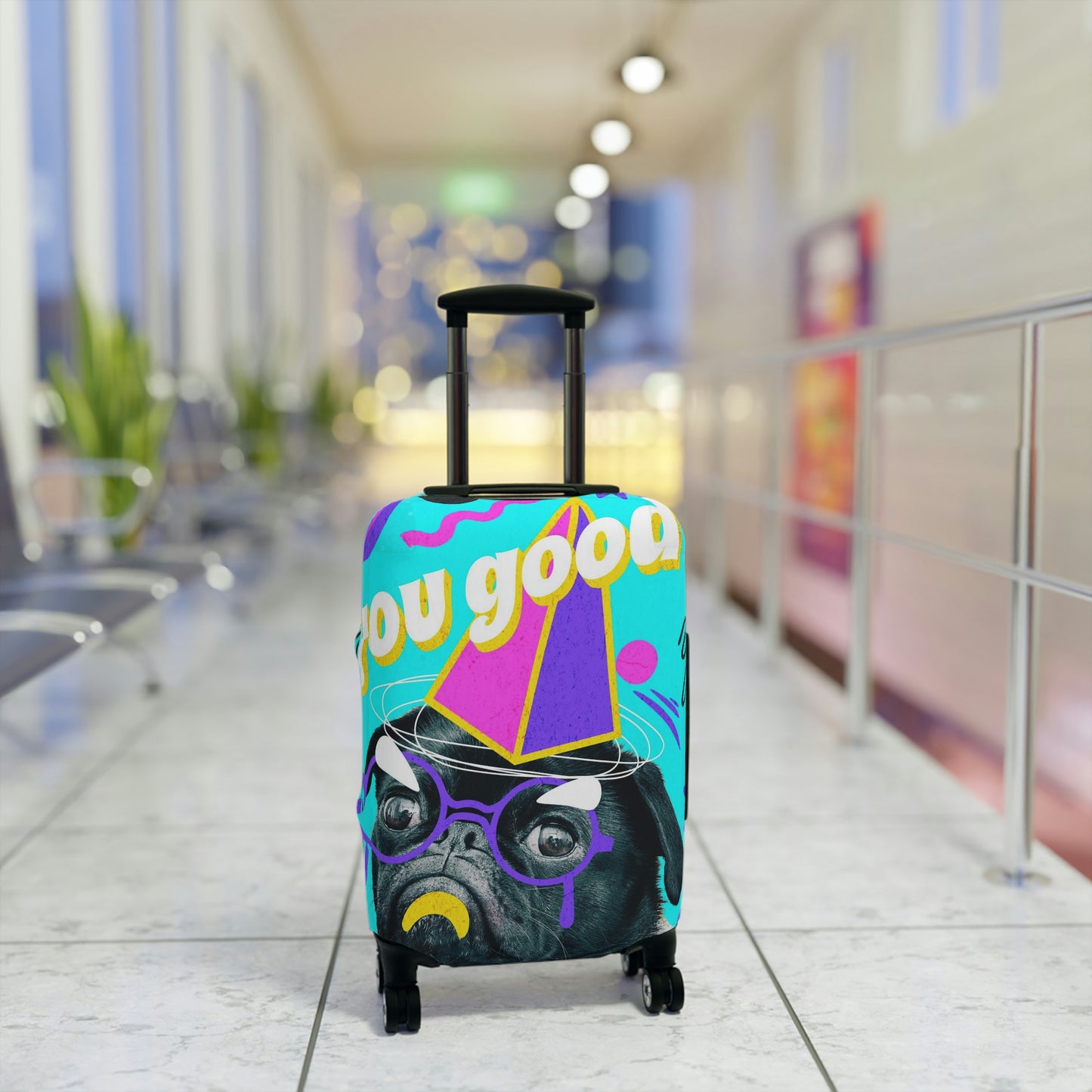 Travel in style with our fun "pug: You good?/bye" luggage cover.