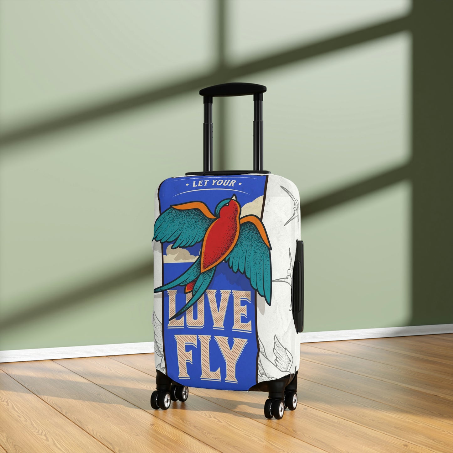 Travel in style with our fun "sparrow love" luggage cover.
