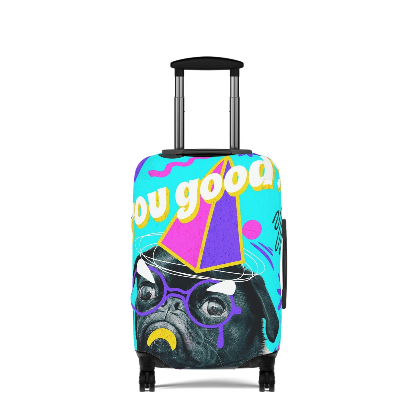 Travel in style with our fun "pug: You good?/bye" luggage cover.