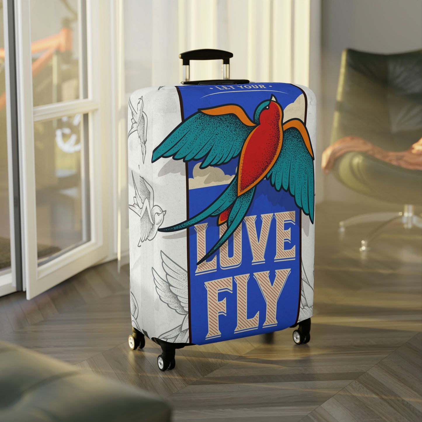 Travel in style with our fun "sparrow love" luggage cover.