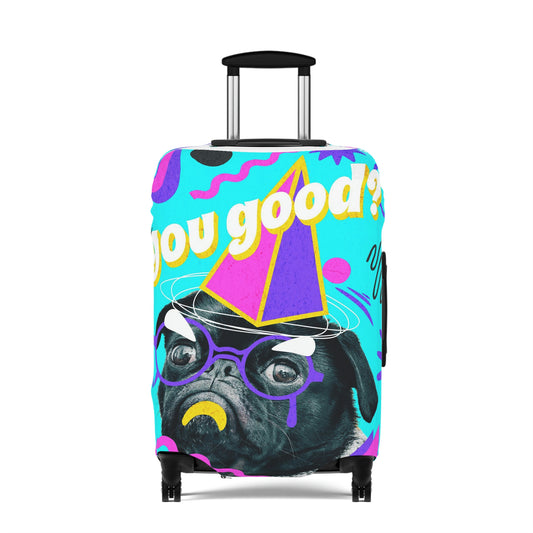 Travel in style with our fun "pug: You good?/bye" luggage cover.