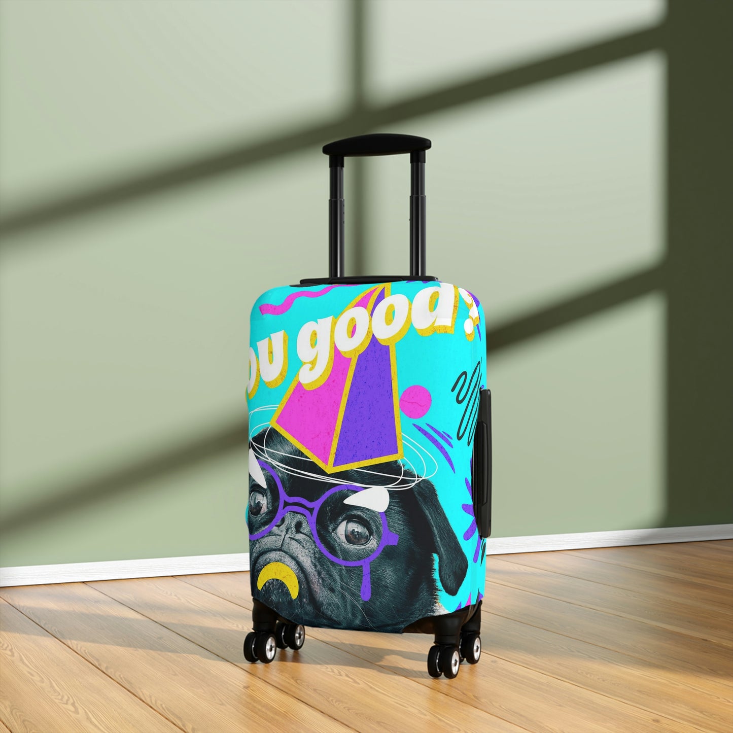 Travel in style with our fun "pug: You good?/bye" luggage cover.