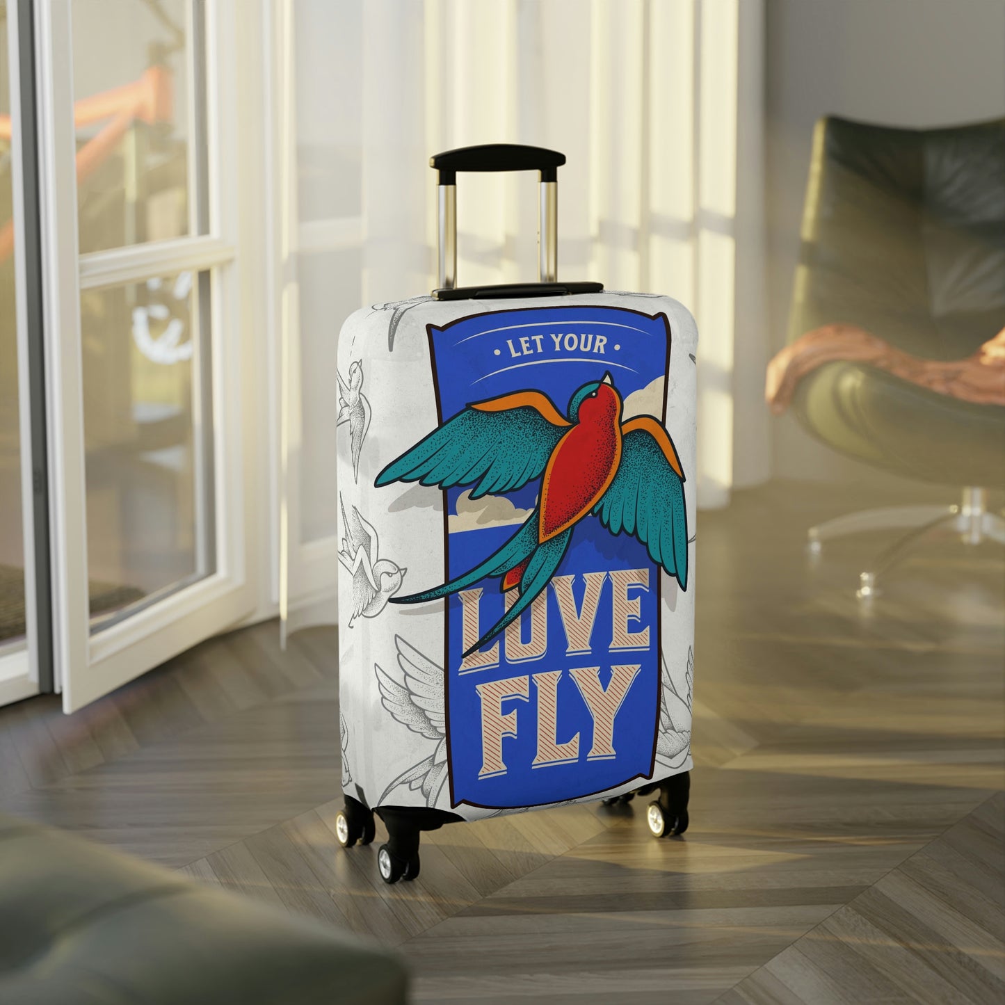 Travel in style with our fun "sparrow love" luggage cover.