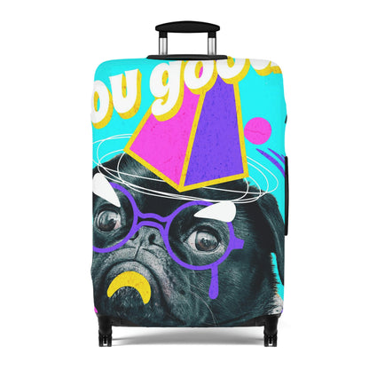 Travel in style with our fun "pug: You good?/bye" luggage cover.