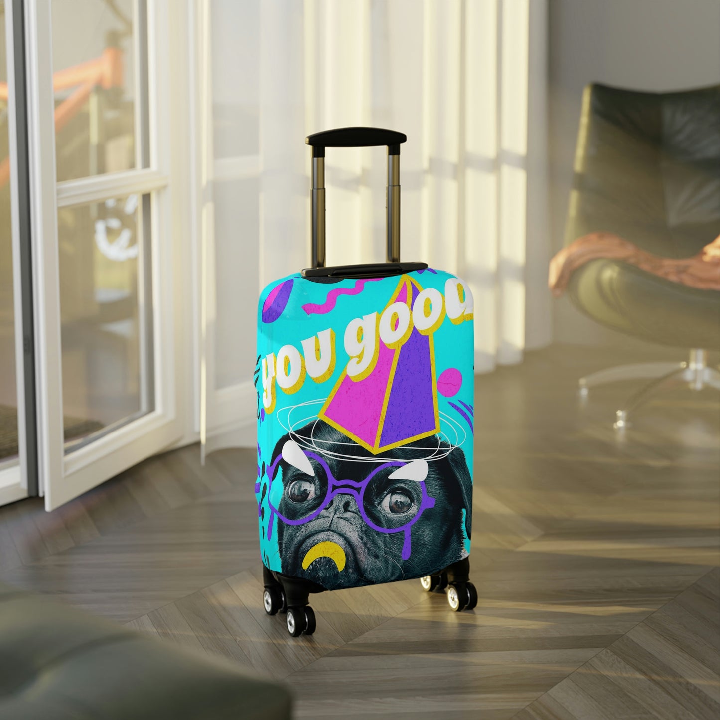 Travel in style with our fun "pug: You good?/bye" luggage cover.